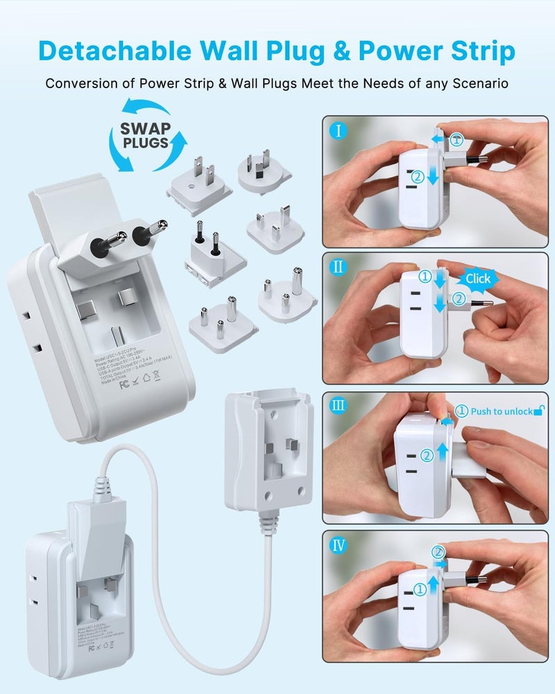 VINTAR طقم محول السفر العالمي، سلك تمديد قابل للفصل بطول 3 أقدام مع 4 مآخذ AC و 3 USB (2 USB C)، محول طاقة دولي من نوع A/C/G/D/I/M للولايات المتحدة إلى أوروبا المملكة المتحدة الهند جنوب أفريقيا اليابان - Image 2